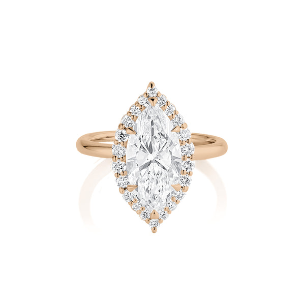 beautiful large marquise diamond ring with diamond halo, in 14k rose gold<span class='visuallyhidden'>; 760-978-9297 for shop help.</span>