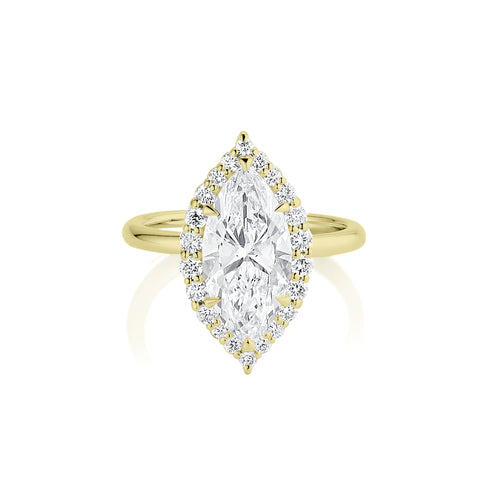 showcase diamond marquise ring with tapering diamond halo, in 14k yellow gold<span class='visuallyhidden'>; 760-978-9297 for shop help.</span>