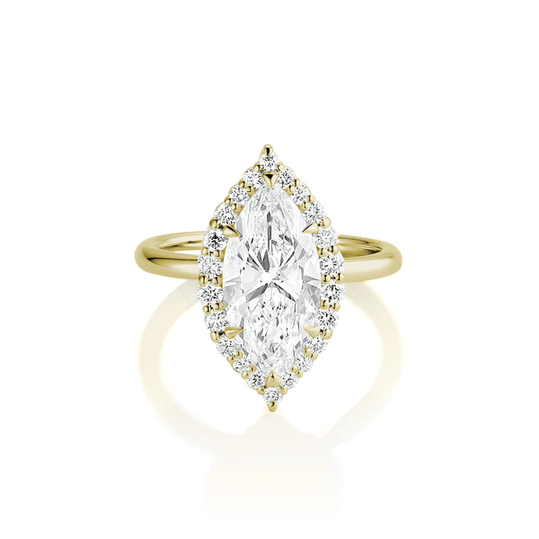 showcase diamond marquise ring with tapering diamond halo, in 14k yellow gold<span class='visuallyhidden'>; 323-404-2959 for shop help.</span>