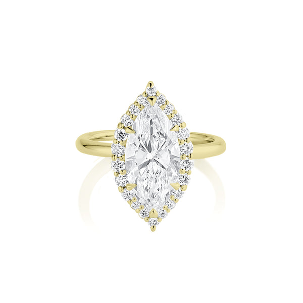showcase diamond marquise ring with tapering diamond halo, in 14k yellow gold<span class='visuallyhidden'>; 760-978-9297 for shop help.</span>