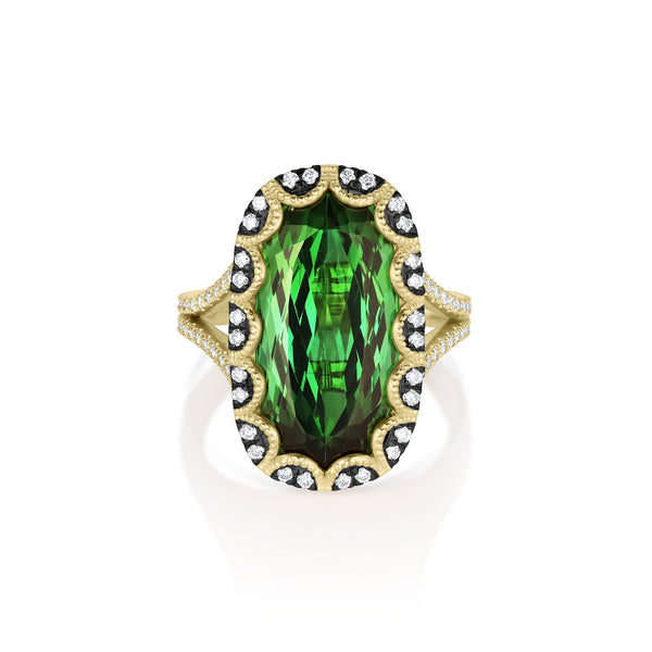 Dominique Cohen o.a.k. green tourmaline and diamond vintage-vibe yellow and black golds large oval ring<span class='visuallyhidden'>; shop help at 760-978-9297.</span>