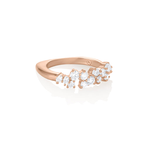 Dominique Cohen constellation diamond ring in white diamonds + rose gold, angled view<span class='visuallyhidden'>; shop help at 760-978-9297.</span>