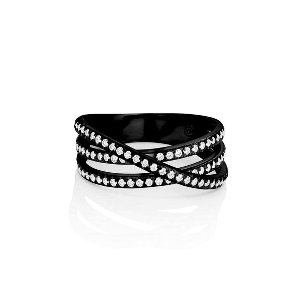 Dominique Cohen diamond pave three-band cross-over ring, in 18k black gold<span class='visuallyhidden'>; shop help at 760-978-9297.</span>