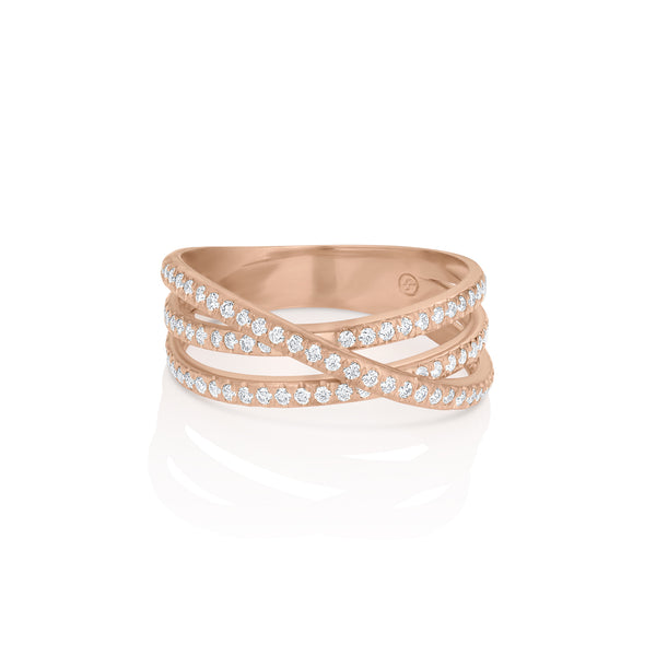 Dominique Cohen diamond pave three-band cross-over ring, in 18k rose gold<span class='visuallyhidden'>; shop help at 760-978-9297.</span>