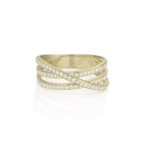 Dominique Cohen diamond pave three-band cross-over ring, in 18k yellow gold<span class='visuallyhidden'>; shop help at 760-978-9297.</span>