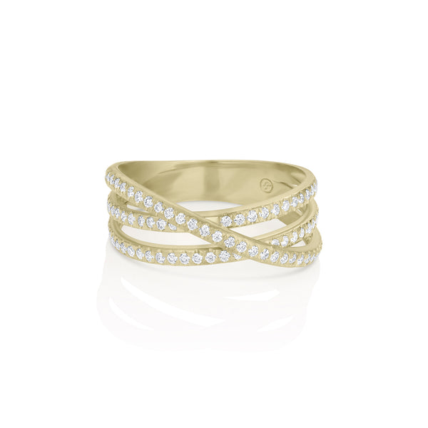 Dominique Cohen diamond pave three-band cross-over ring, in 18k yellow gold<span class='visuallyhidden'>; shop help at 760-978-9297.</span>