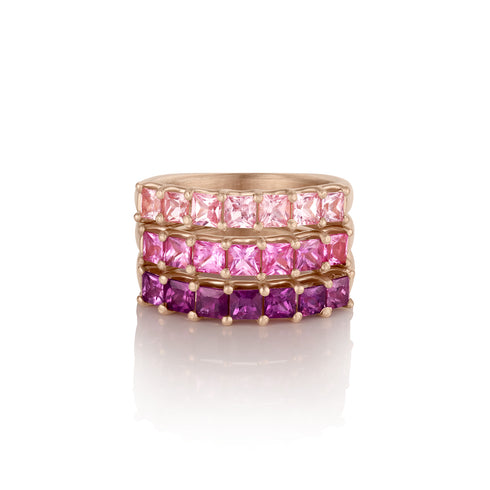 Dominique Cohen limited edition set of 3 ombré sapphires euroshan rings in salmon to pink to purple hues 18k rose gold<span class='visuallyhidden'>; shop help at 760-978-9297.</span>