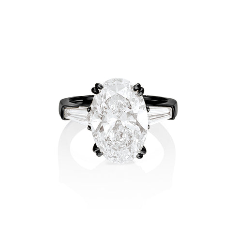 Dominique Cohen grande oval diamond ring with tapered baguette bookends, in black gold<span class='visuallyhidden'>; shop help at 760-978-9297.</span>
