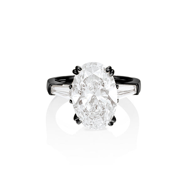 Dominique Cohen grande oval diamond ring with tapered baguette bookends, in black gold<span class='visuallyhidden'>; shop help at 760-978-9297.</span>