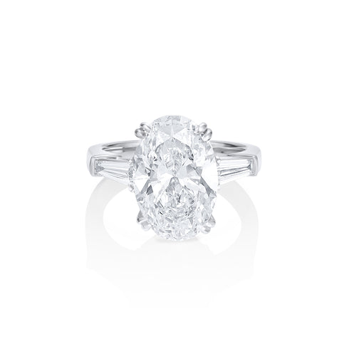 Dominique Cohen grande oval diamond ring with tapered baguette bookends, in platinum<span class='visuallyhidden'>; shop help at 760-978-9297.</span>