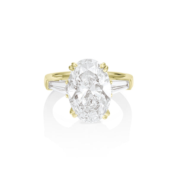 Dominique Cohen grande oval diamond ring with tapered baguette bookends, in yellow gold<span class='visuallyhidden'>; shop help at 760-978-9297.</span>