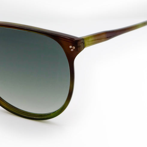 champagne diamond detail, up close, on vintage aviator sunglasses with dark olive multi-hued frames<span class='visuallyhidden'>; shop help at 760-978-9297.</span>
