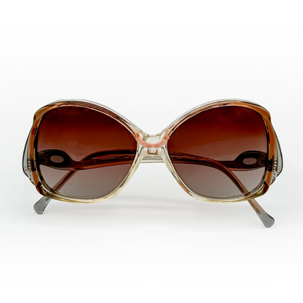 genuine vintage Argos flair-edge sunglasses in ombre peach to smokey grey, with champagne diamonds<span class='visuallyhidden'>; shop help at 760-978-9297.</span>