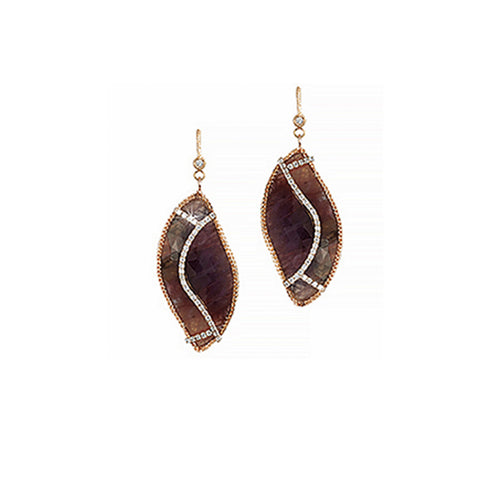bespoke blue-red sapphire slice and white diamond leaf drop earring in 18k rose gold <span class='visuallyhidden'>Call, text 323-404-2959 for shopping help.</span>
