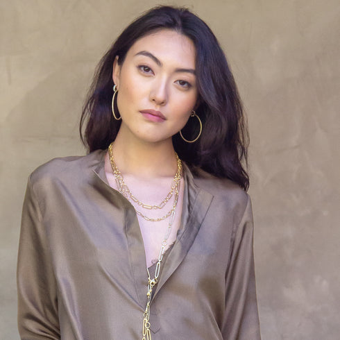 with petite sis, our boho chain, large diamond hoops,<br>and our silk caftan + cami, both in olive <span class='visuallyhidden'>Call or text 323-404-2959 if you need shopping assistance.</span>