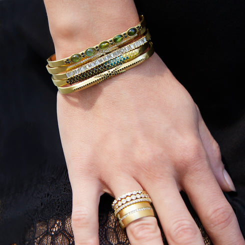 wardrobe with our green tourmaline ovals bangle<br>here, in a closeup from shop the look > rainforest <span class='visuallyhidden'>Call, text 323-404-2959 for shopping assistance.</span>