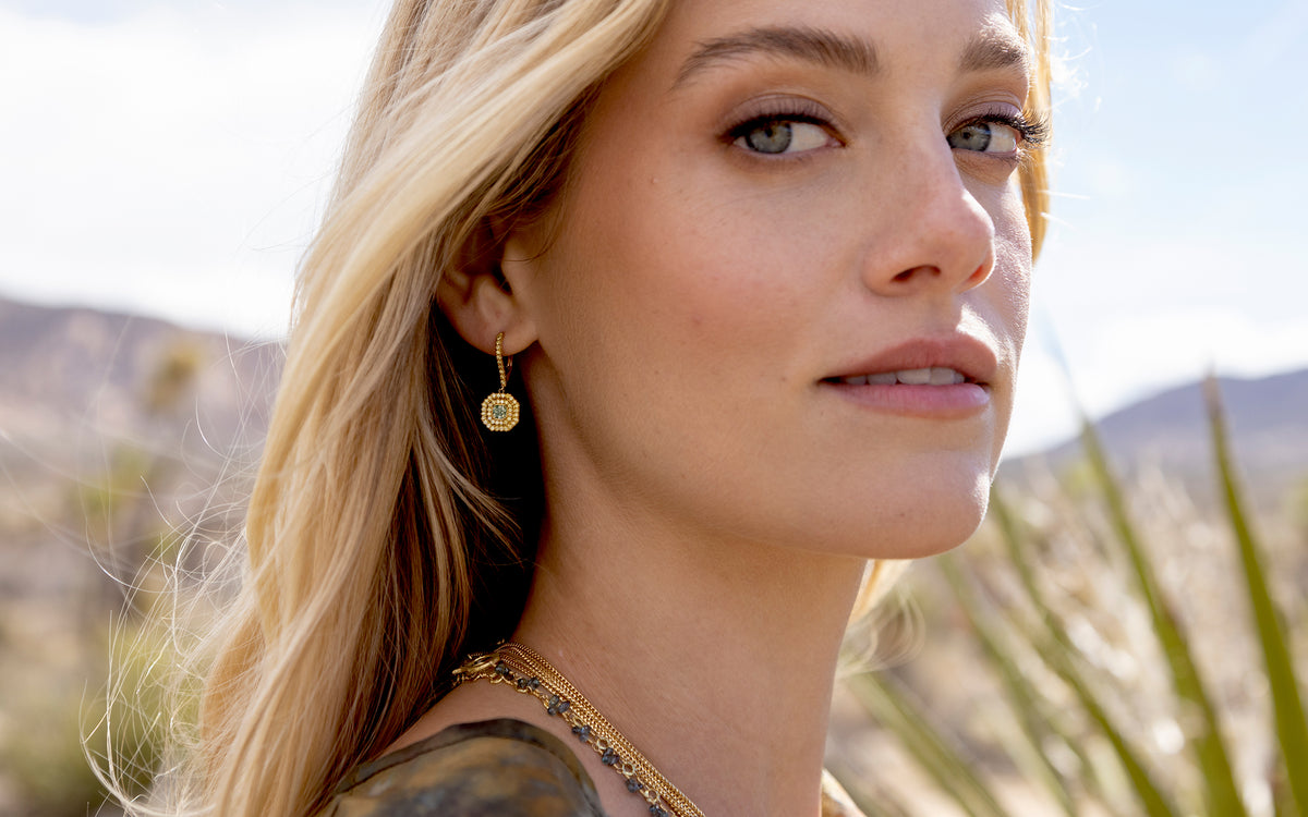 Dominique Cohen one of a kind green diamond, yellow diamond 18k gold earring; shop help at 760-978-9297.