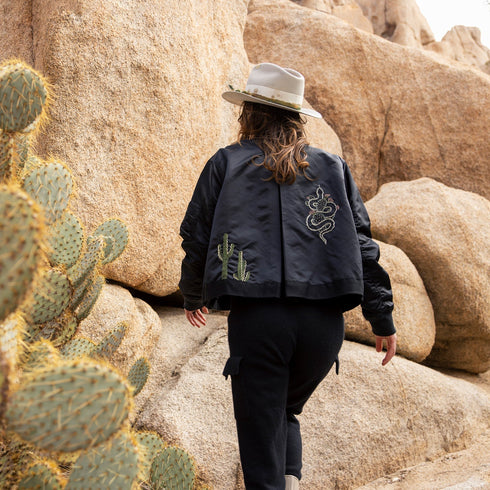 in black, with custom embroidery up-styling<br>shop the look > walkabout <span class='visuallyhidden'>Call or text 323-404-2959 if needing shopping assistance</span>