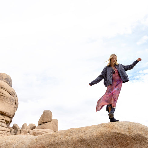 dominique cohen bomber jacket, in slate grey<br> over our silk tunic in 2x-dyed brazil nut, bubblegum <span class='visuallyhidden'>Call or text 323-404-2959 if needing shopping assistance</span>