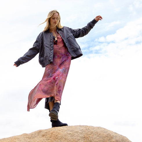 limited edition silk kurta caftan in double-dye brazil nut, bubblegum<br>shop the look > earth day <span class='visuallyhidden'>Call or text 323-404-2959 if needing shopping assistance</span>