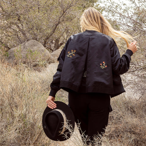 in black, with custom embroidery up-styling<br>shop the look > vision quest <span class='visuallyhidden'>Text, phone 323-404-2959 for shopping assistance.</span>