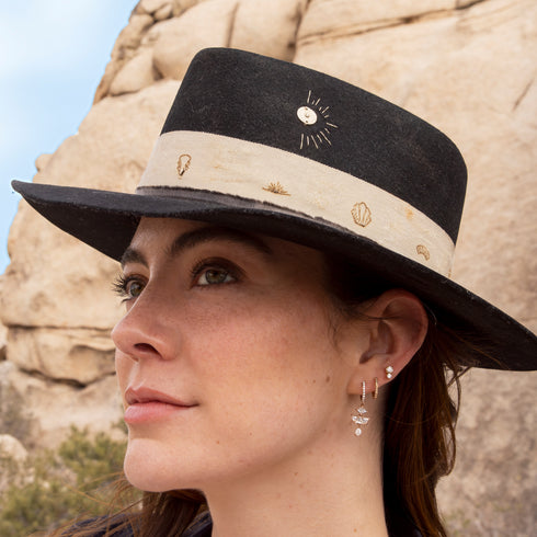 with our diamond pagoda + champagne diamond huggie hoop earrings,<br>and our diamond-kissed Big Kiss hat <span class='visuallyhidden'>Call or text 323-404-2959 if you need shopping assistance.</span>