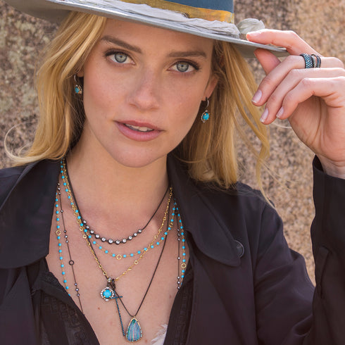 wardrobe with our turquoise sloan chain (and friends) from<br>shop the look > escape <span class='visuallyhidden'>Call, text 323-404-2959 for shop help.</span>