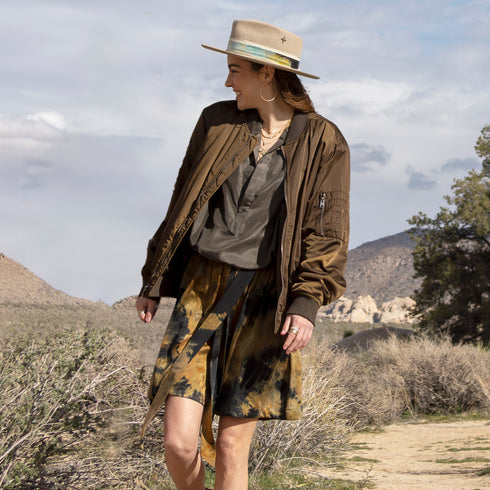 dominique cohen double-dyed silk boxing short in sage, black;<br>with our silk tunic in olive, and one of our limited edition hats, See the Good <span class='visuallyhidden'>Call, text 323-404-2959 for shopping assistance.</span>