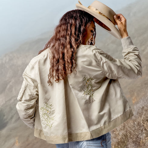Dominique Cohen limited edition hand-embroidered bomber jacket, in khaki<br>shop the look > flash golden<span class='visuallyhidden'>; shop help at 760-978-9297.</span>