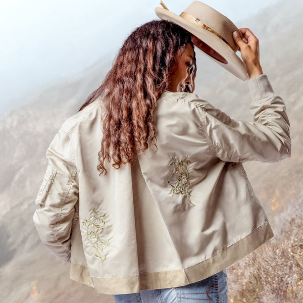 Dominique Cohen limited edition hand-embroidered bomber jacket, in khaki<br>shop the look > flash golden<span class='visuallyhidden'>; shop help at 760-978-9297.</span>