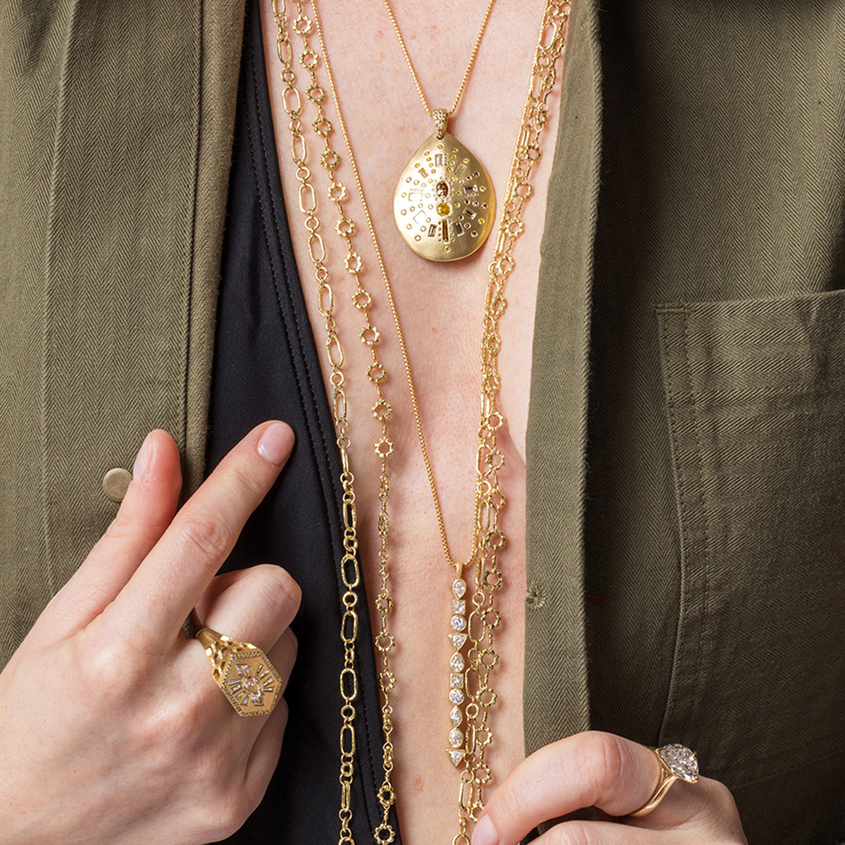 shop the look > roadies, up close on the yellow gold diamond and mixed hues diamonds jewelry; 323-404-2959 for shop help