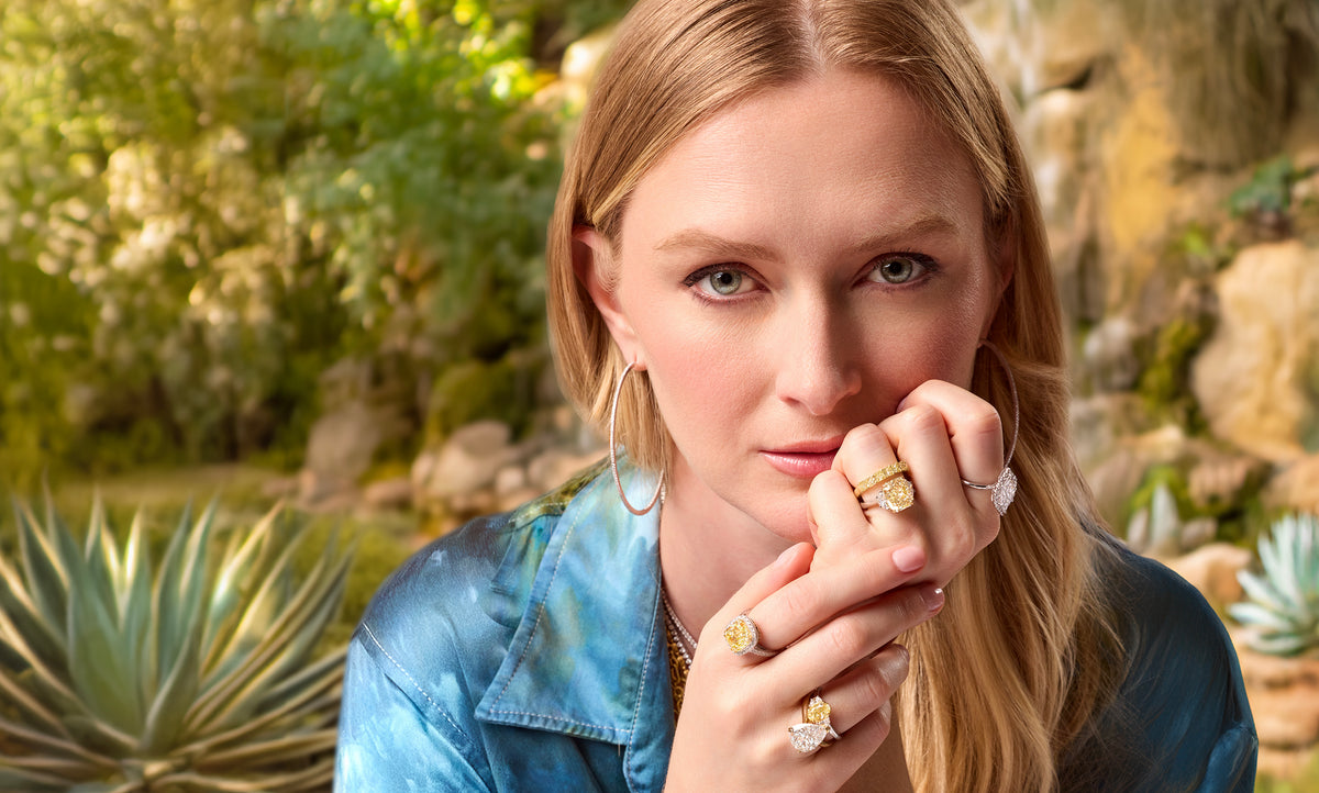 Closeup of look Los Leones, a yellow diamond, white diamond, yellow gold jewelry + apparel collection; 323-404-2959 for shop help