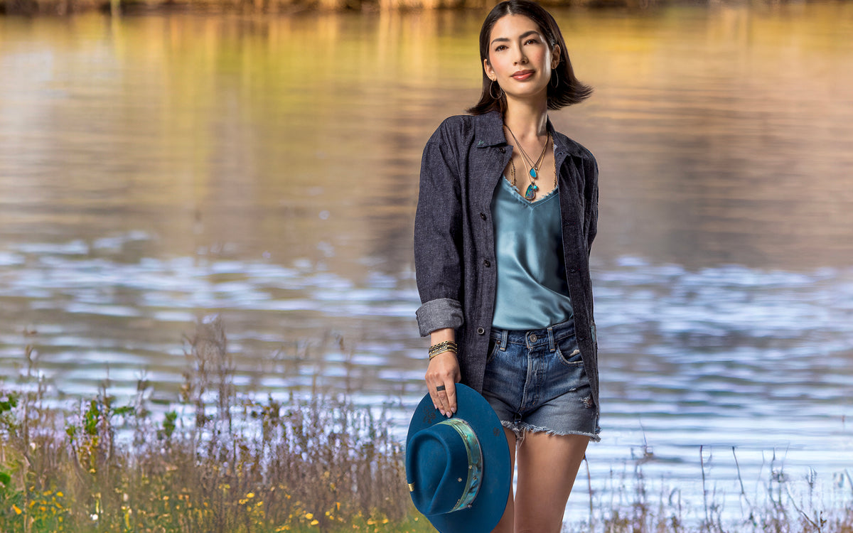 Shop the look collection of yellow golds, black golds, diamonds, Australian opals, and other gemstones + fabulous blue hat + light blue camisole; shop help at 323-404-2959