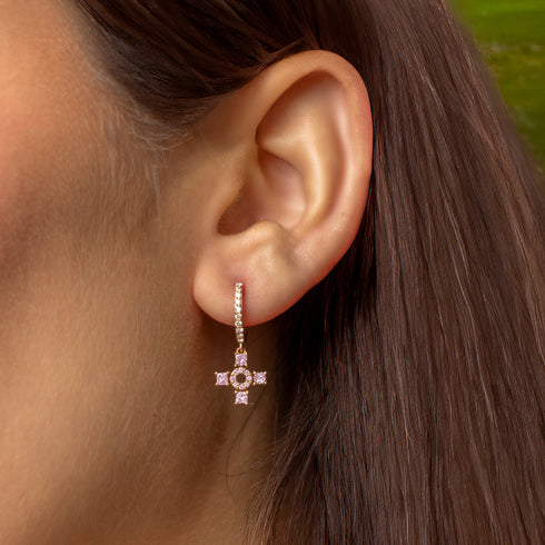our celtic cross earring featuring pink diamonds and white diamonds, shown on-ear<span class='visuallyhidden'>; shop help at 760-978-9297.</span>
