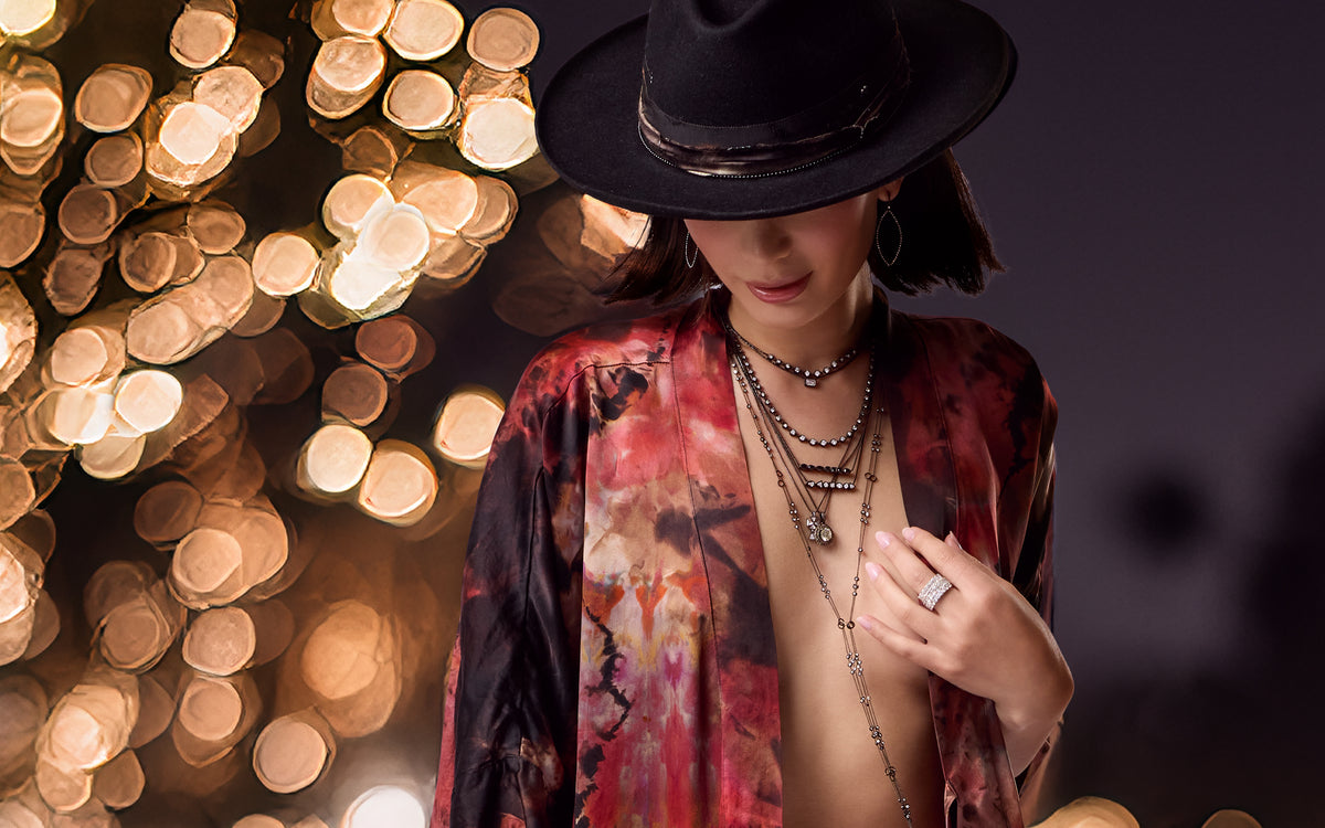 Dominique Cohen silk kimono and black gold diamond jewelry collection Kimono My House; shop help at 760-978-9297
