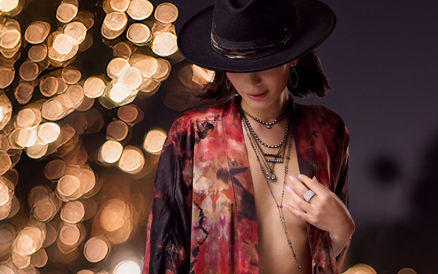 Dominique Cohen silk kimono and black gold diamond jewelry collection Kimono My House; shop help at 760-978-9297
