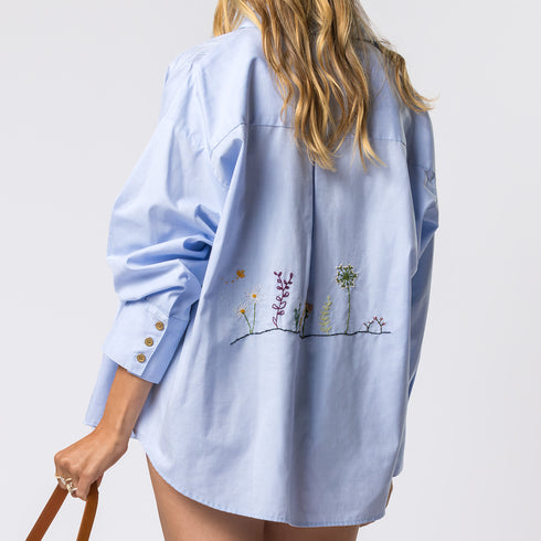 one of a kind hand-embroidered overshirt in wildflowers theme<span class='visuallyhidden'>; shopping help at 323-404-2959.</span>