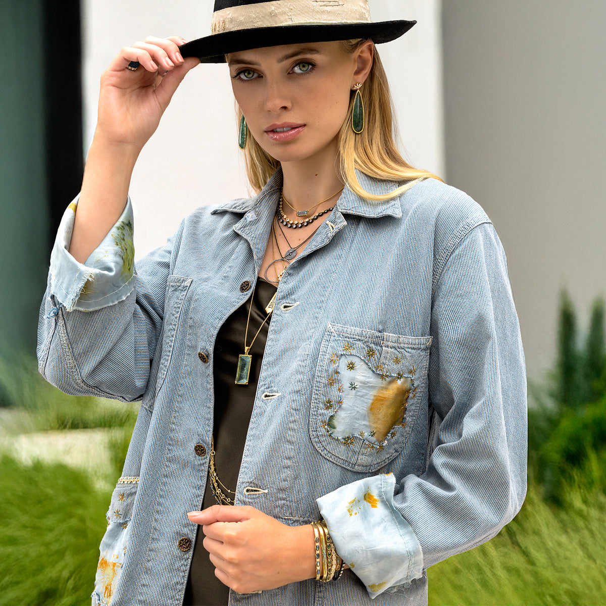 one of a kind herringbone denim hickory chore jacket with silk