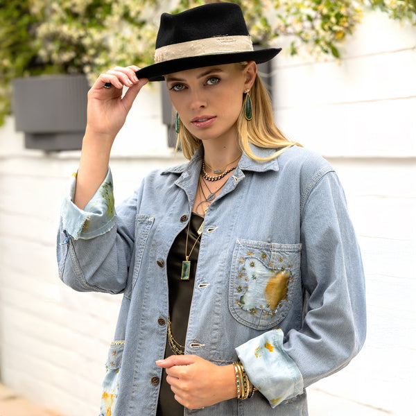 Dominique Cohen denim hickory chore jacket with silk and hand-stitched accents, in herringbone; coming soon to shop the look<span class='visuallyhidden'>; shop help at 760-978-9297.</span>