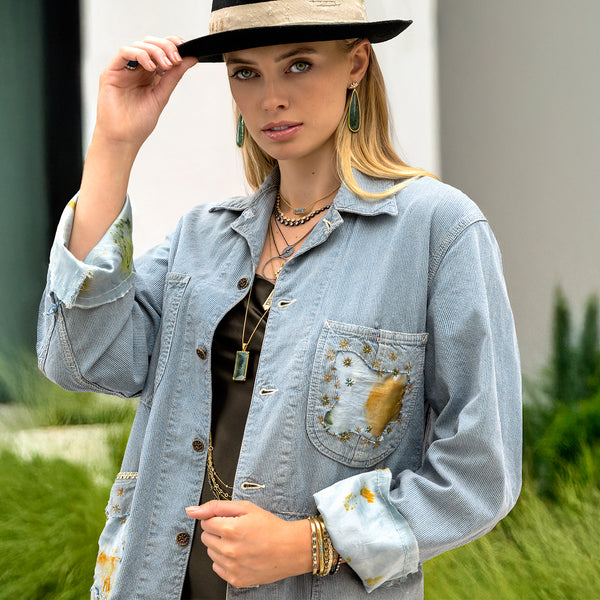 Dominique Cohen denim hickory chore jacket with silk and hand-stitched accents, in herringbone; shop the look > peninsula<span class='visuallyhidden'>; shop help at 760-978-9297.</span>