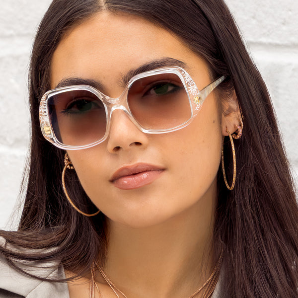 floral etched Hollywood glam sunglasses kissed with white diamonds<span class='visuallyhidden'>; shop help at 760-978-9297.</span>