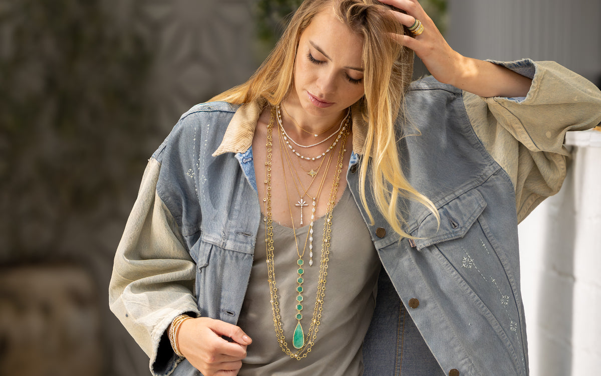 Dominique Cohen emerald and diamond collection Emerald City with two-tone custom vintage barn coat; shop help at 760-978-9297