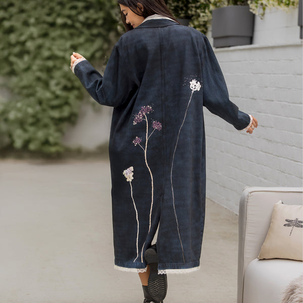 long denim coat with lace trim and gorgeous embroidery, from behind<span class='visuallyhidden'>; shop help at 760-978-9297.</span>