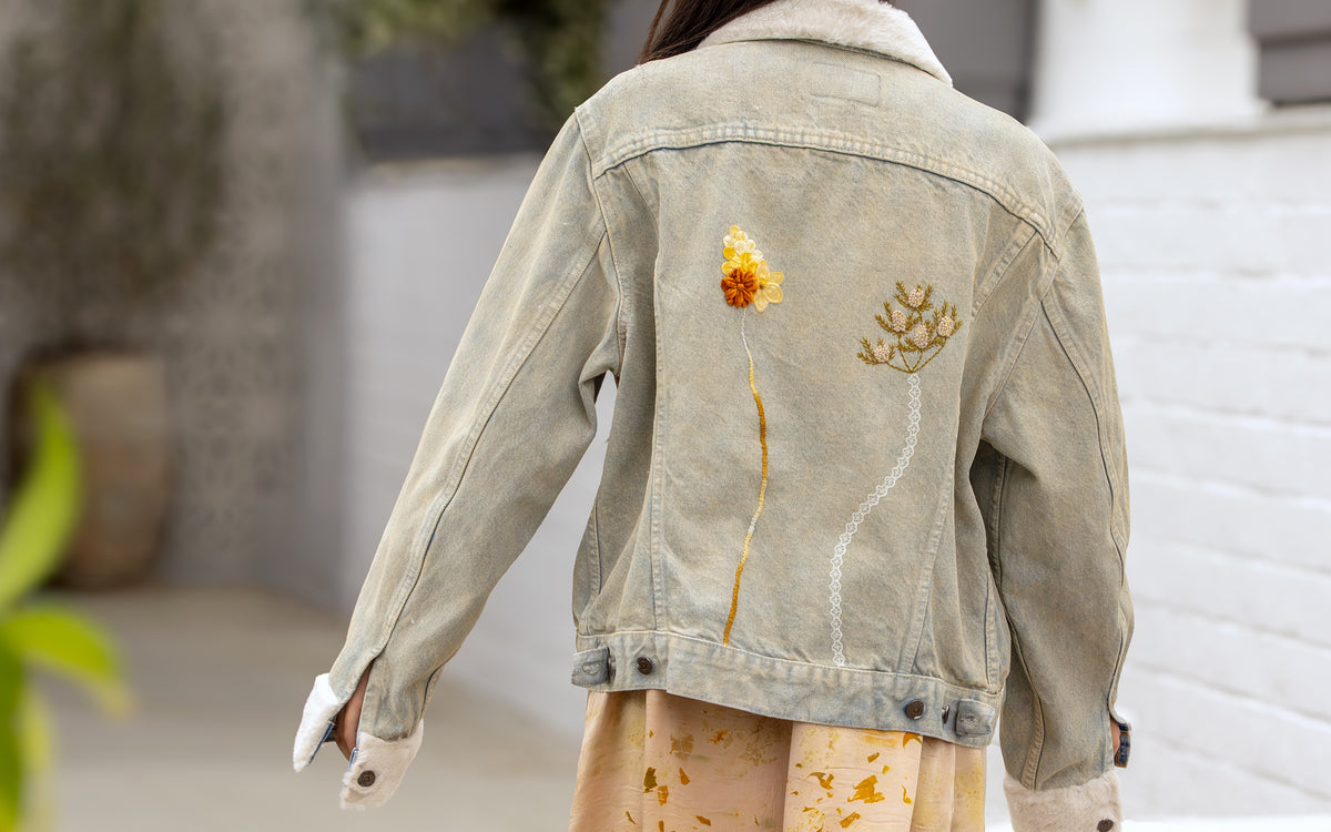 Dominique Cohen one of a kind vintage up-styled denim jacket and pressed-flowers silk kimono, shop the look > sweet sensations; shop help at 760-978-9297.