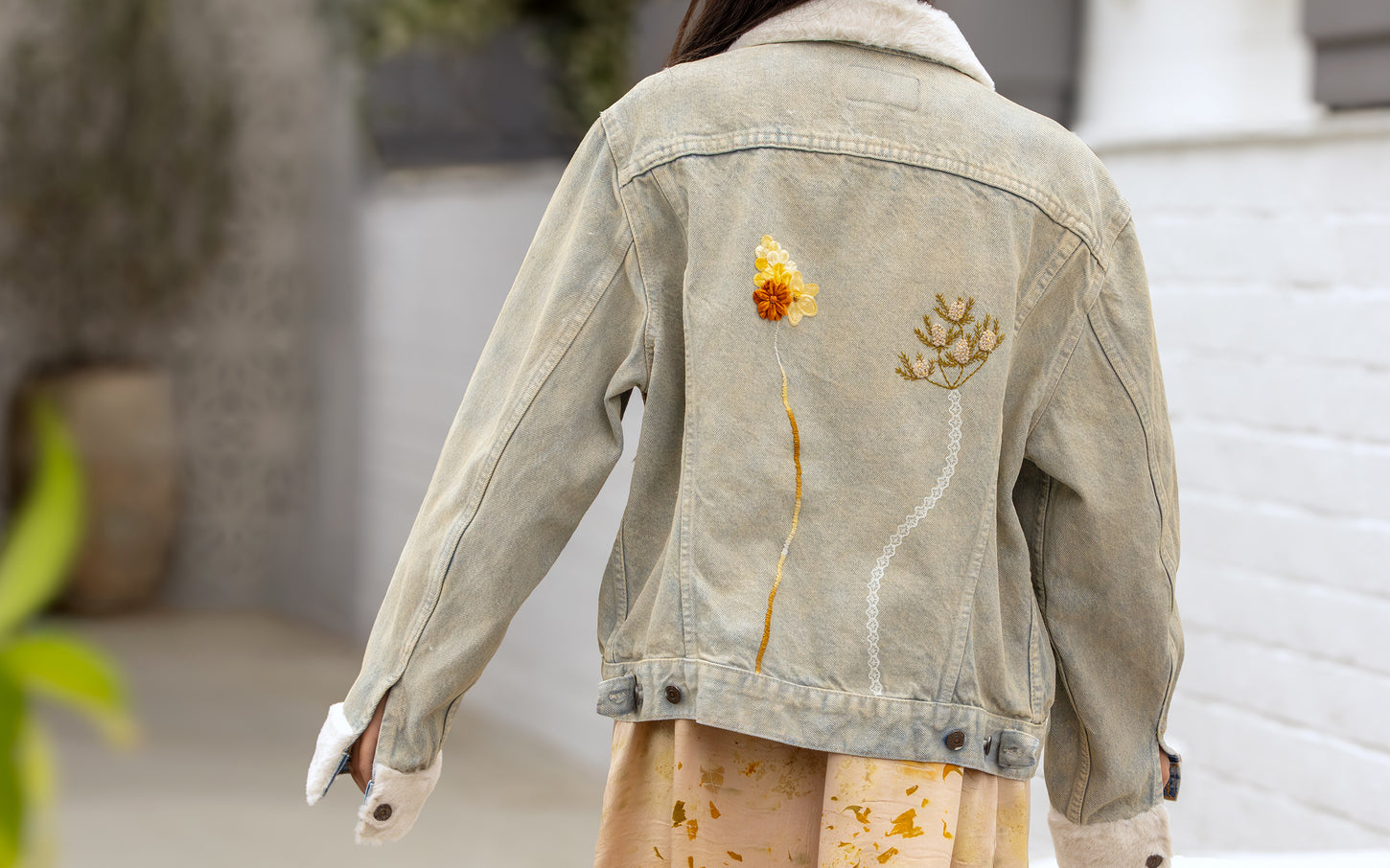 Dominique Cohen one of a kind vintage up-styled denim jacket and pressed-flowers silk kimono, shop the look > sweet sensations; shop help at 760-978-9297.