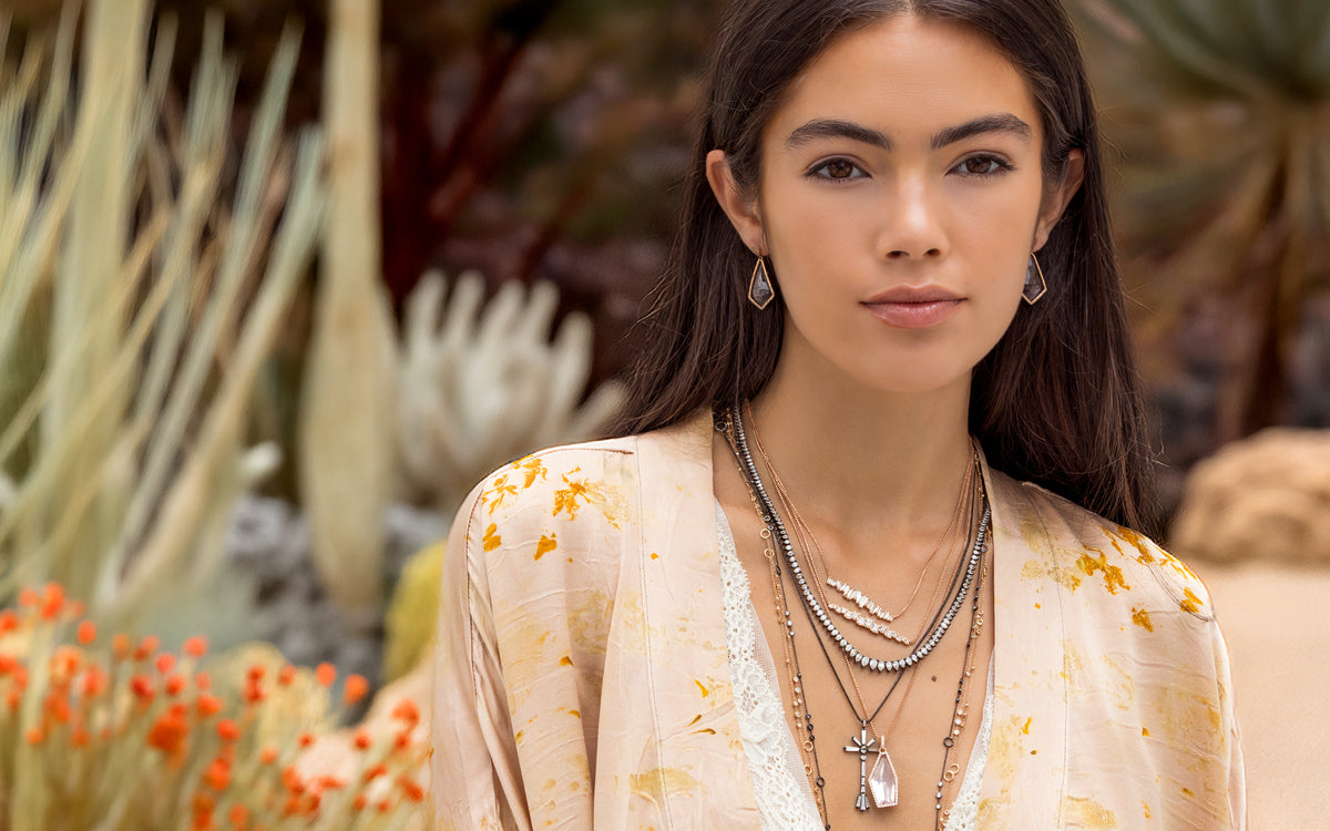 shop the look > grace, a Dominique Cohen rose gold + black gold diamond, morganite, champagne diamond jewelry ensemble, here paired with one of our one of a kind floral silks; shop help at 760-978-9297.