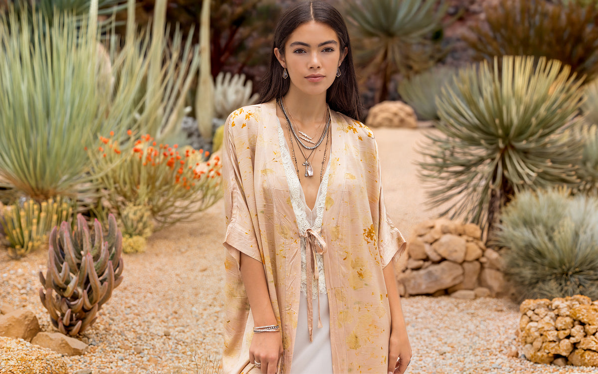 shop the look > grace, a Dominique Cohen rose gold + black gold diamond, morganite, champagne diamond jewelry ensemble, here paired with one of our one of a kind floral silks; shop help at 760-978-9297.