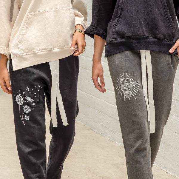 Dominique Cohen limited edition motif joggers, with contrasting silk ties + in-hue silk hems<span class='visuallyhidden'>; shop help at 760-978-9297.</span>