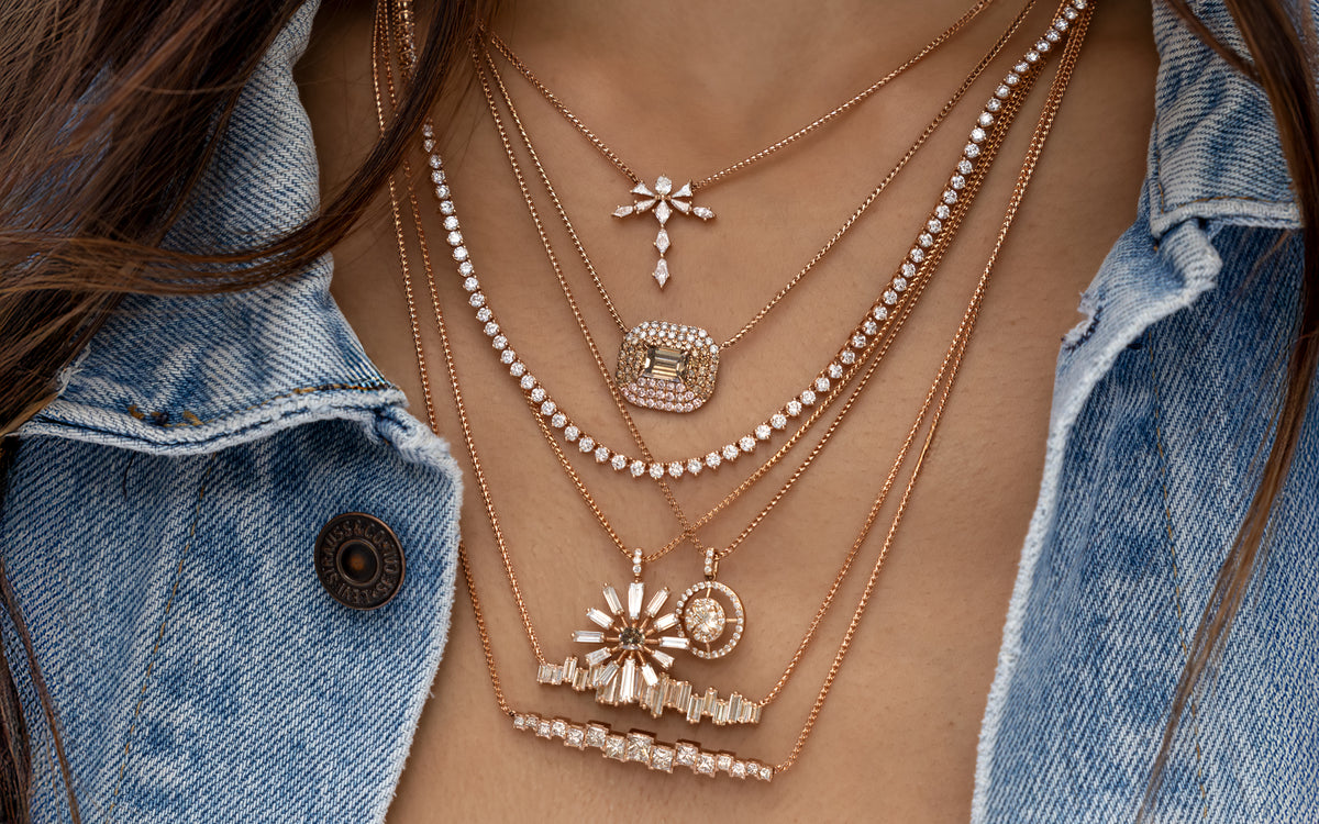 shop the look > California casual, neck stack closeup<span class='visuallyhidden'>; shop help at 760-978-9297.</span>