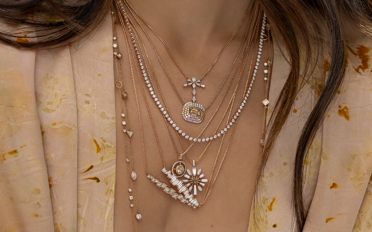 closeup of rose gold 18K diamond jewelry necklace artistry in white, pink, and champagne + bespoke silk kimono, shop the look > California casual; shop help 760-978-9297